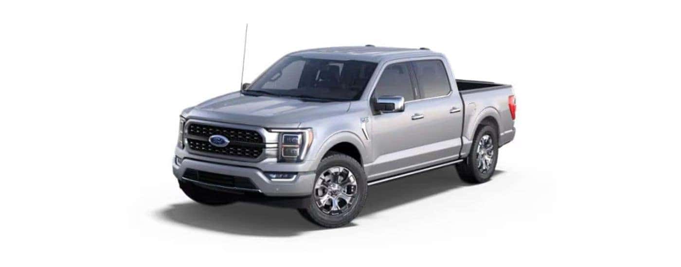 A silver 2021 Ford F-150 angled left on a white background.