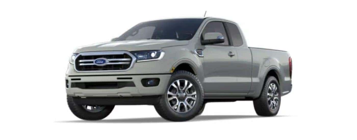 A silver 2021 Ford Ranger parked at a left angle with a white background.