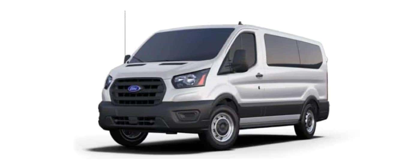A silver 2021 Ford Transit parked at a left angle with a white background.