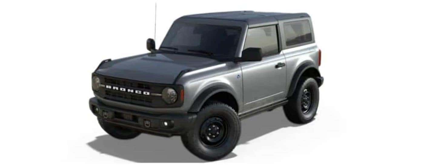 A silver 2022 Ford Bronco parked at a left angle with a white background.