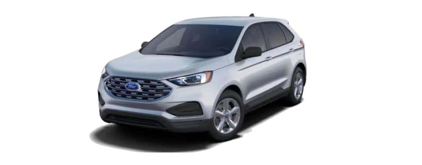 A silver 2020 Ford Edge parked at a left angle with a white background.