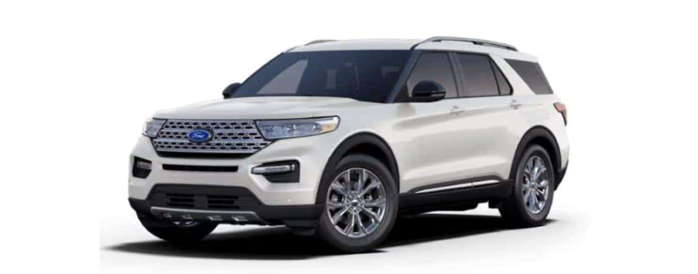 A white 2020 Ford Explorer parked at a left angle with a white background.