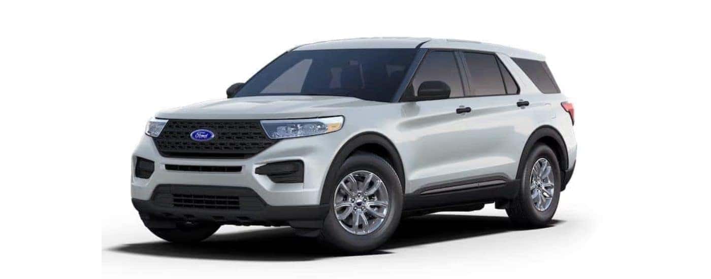 A white 2021 Ford Explorer Hybrid angled left on a white background.
