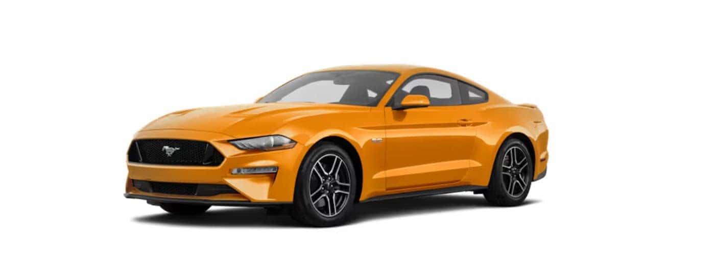 An orange 2019 Ford Mustang with a white background angled left.