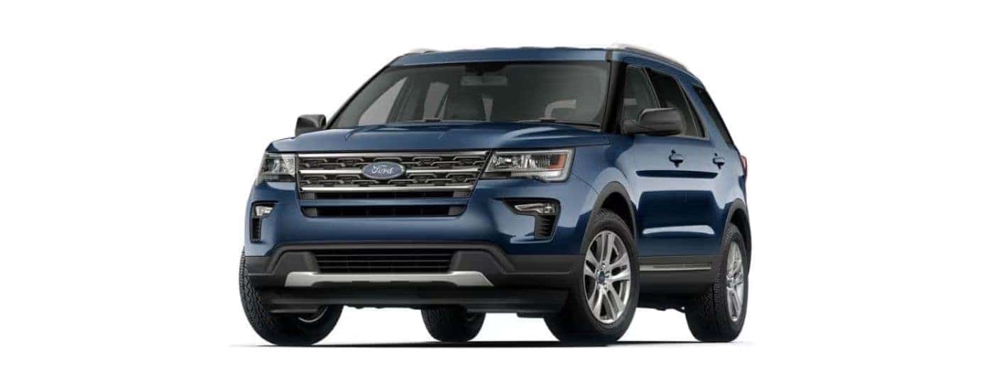 Blue 2018 Ford Explorer angled left.