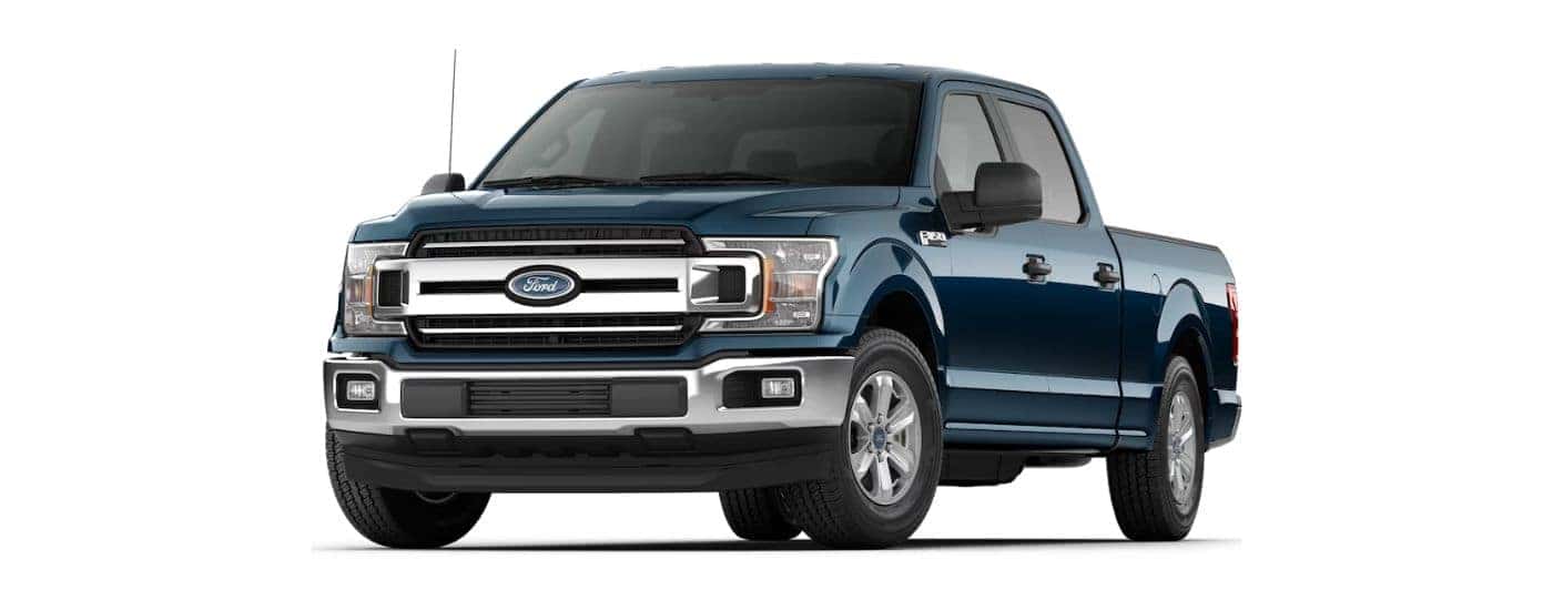 Blue 2018 Ford F-150 angled left.