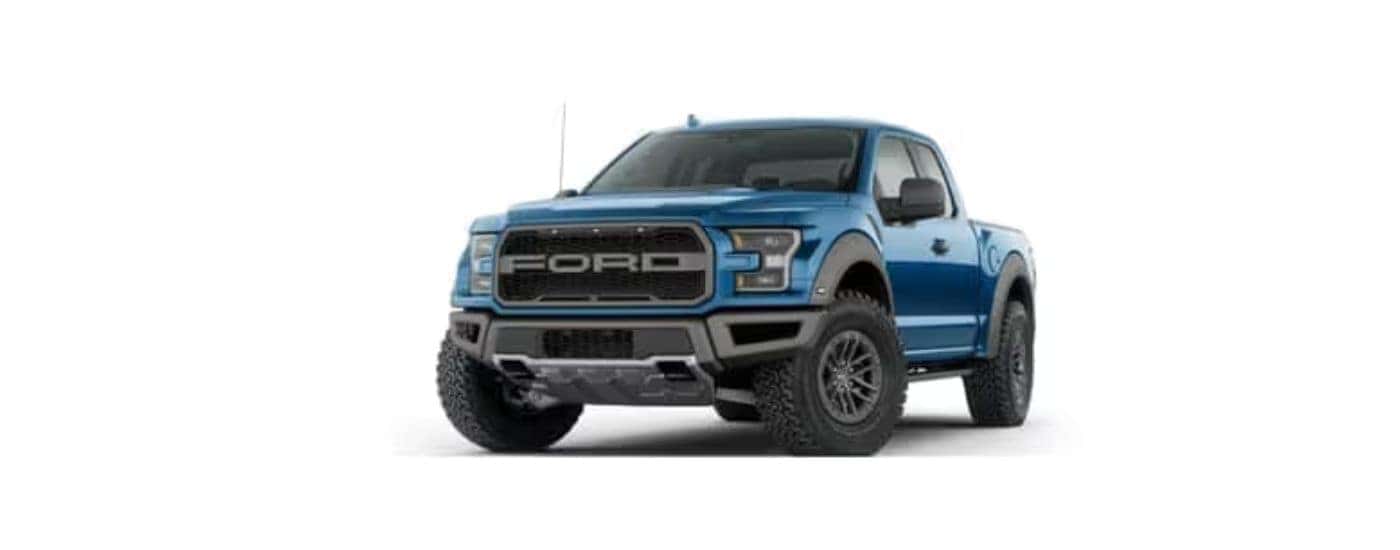 Blue 2019 Ford Raptor angled left.