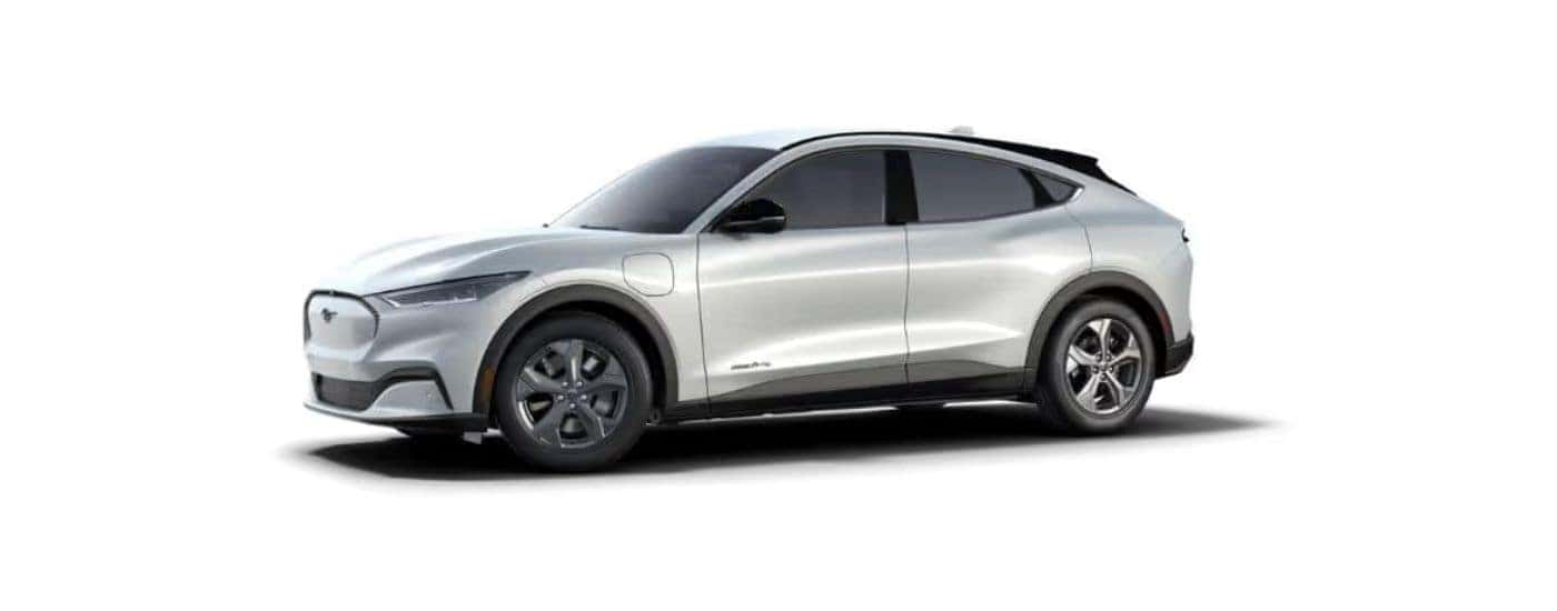 Silver 2022Ford Mustang Mach-E angled left.