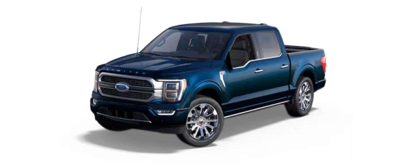 Blue 2023 Ford F-150 angled left.