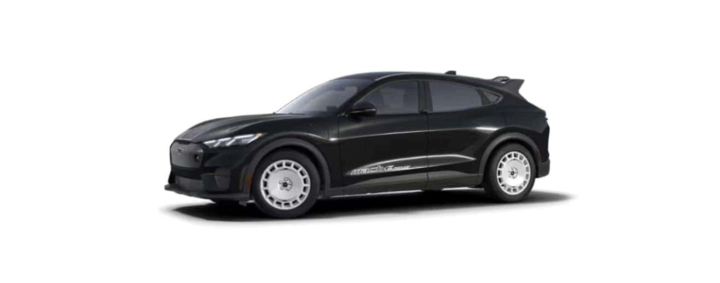 Black 2024 Ford Mustang Mach-E angled left.