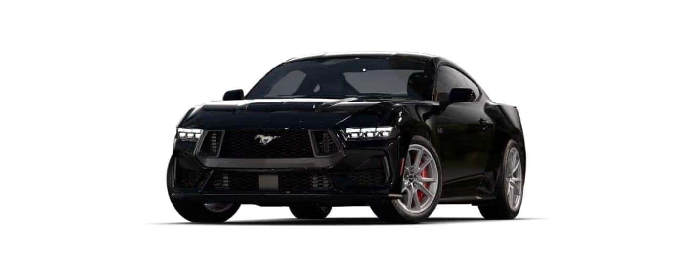 Black 2024 Ford Mustang angled left.