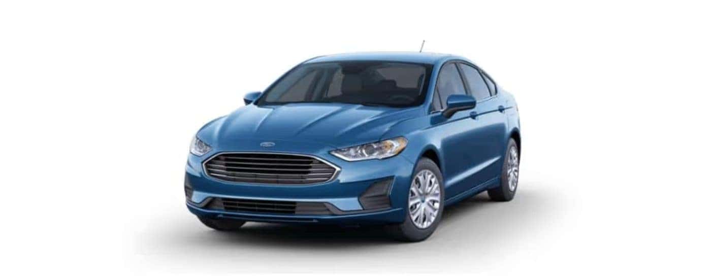 A blue 2019 Ford Fusion angled left on a white background.