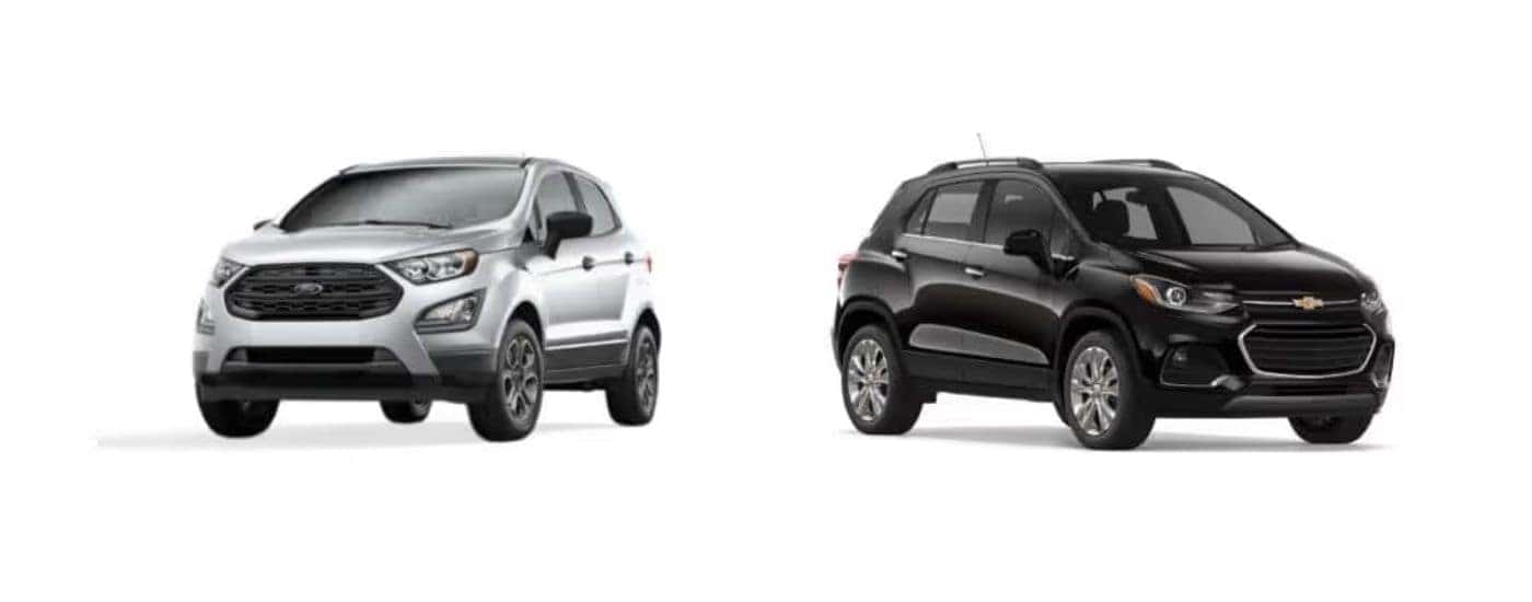 Silver 2018 Ford EcoSport angled left and a black 2018 Chevy Trax angled right.
