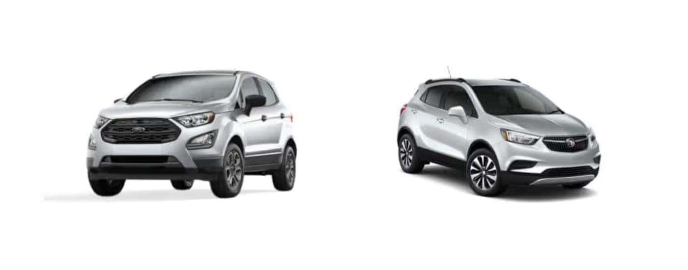 Silver 2018 Ford EcoSport angled left and a silver 2018 Buick Encore angled right.