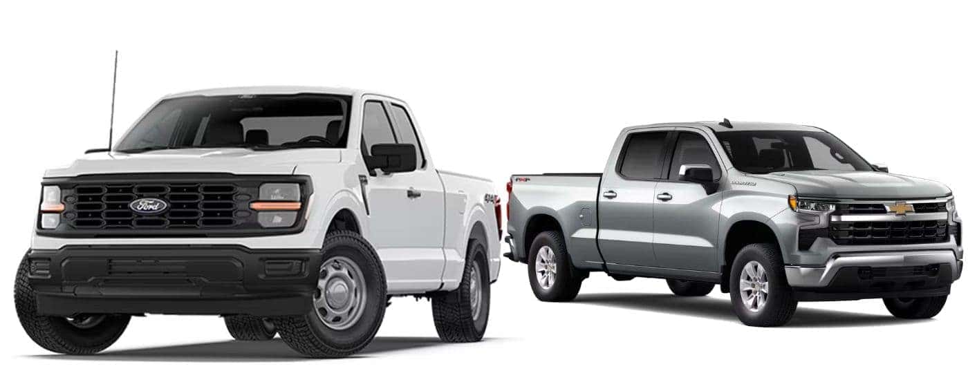 A white 2026 Ford F-150 vs a silver 2026 Chevy Silverado 1500.