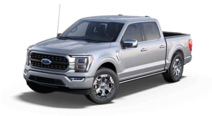 A silver 2021 Ford F-150 Platinum is angled left.