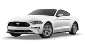 A white 2021 Ford Mustang EcoBoost is angled left.