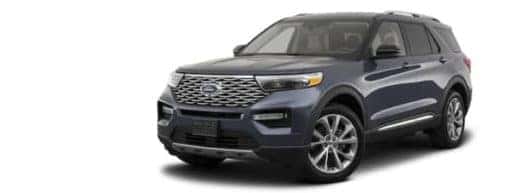 A blue 2021 Ford Explorer is shown angled left.