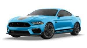 A blue 2022 Ford Mustang Mach 1 is angled left.