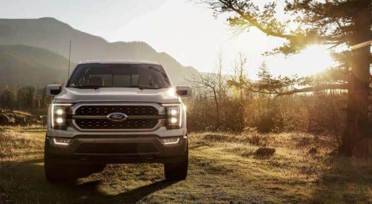 A silver 2022 Ford F-150 Hybrid is shown from the front parked in a field.
