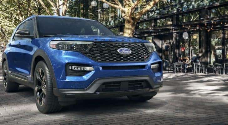 A blue 2022 Ford Explorer is shown from the front after leaving a Ford Explorer Columbia dealer.