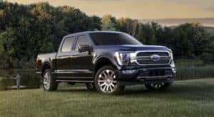 A blue 2022 Ford F-150 is shown parked in a field.