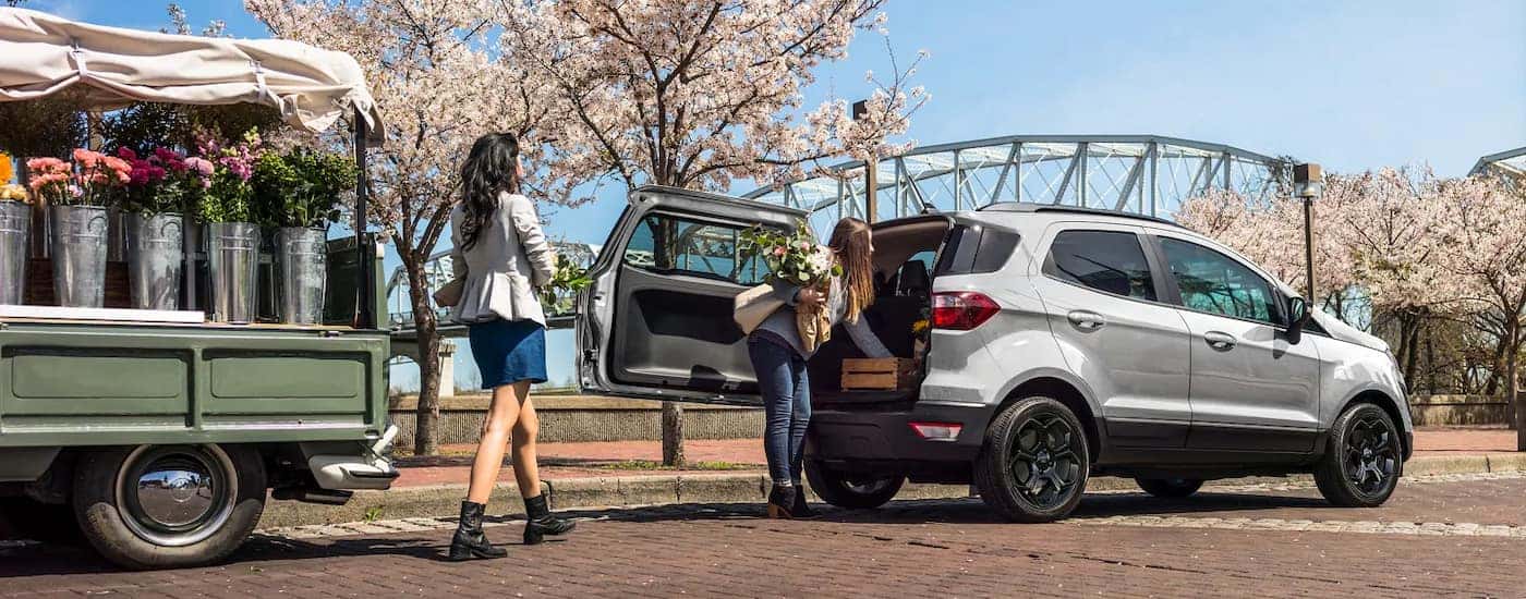 A silver 2022 Ford EcoSport in Shelbyville is shown parked on a city street. 