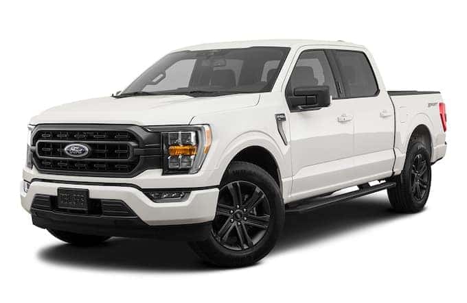 A white 2023 Ford F-150 is angled left.