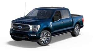 A blue 2023 Ford F-150 Platinum is angled left.