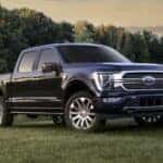A blue 2022 Ford F-150 is shown parked in a grass field.