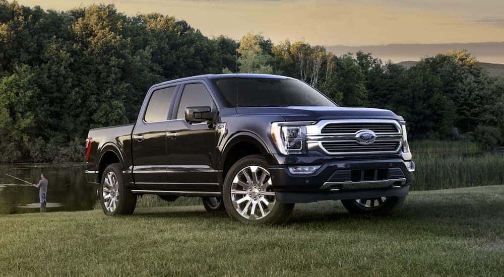 A blue 2022 Ford F-150 parked in a grassy field by a pond with a man fishing