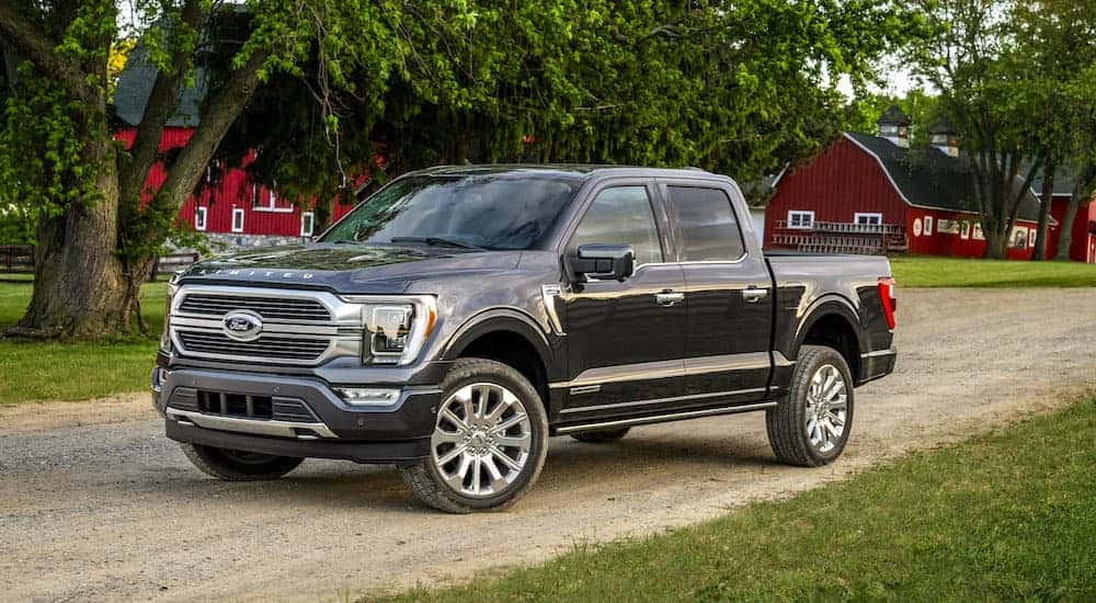 A grey 2023 Ford F-150 Limited parked in front of red farm buildings