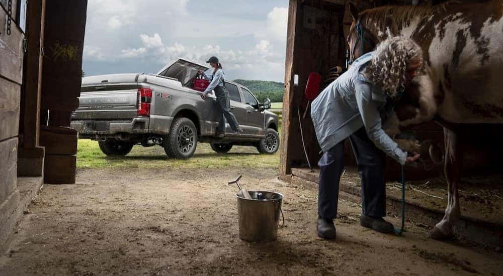A silver 2023 Ford F-450 Platinum is shown parked on the grass outside of a barn.