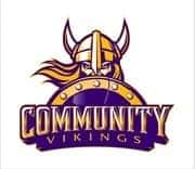 Community High School Logo with purple and gold lettering with Viking head and shield behind
