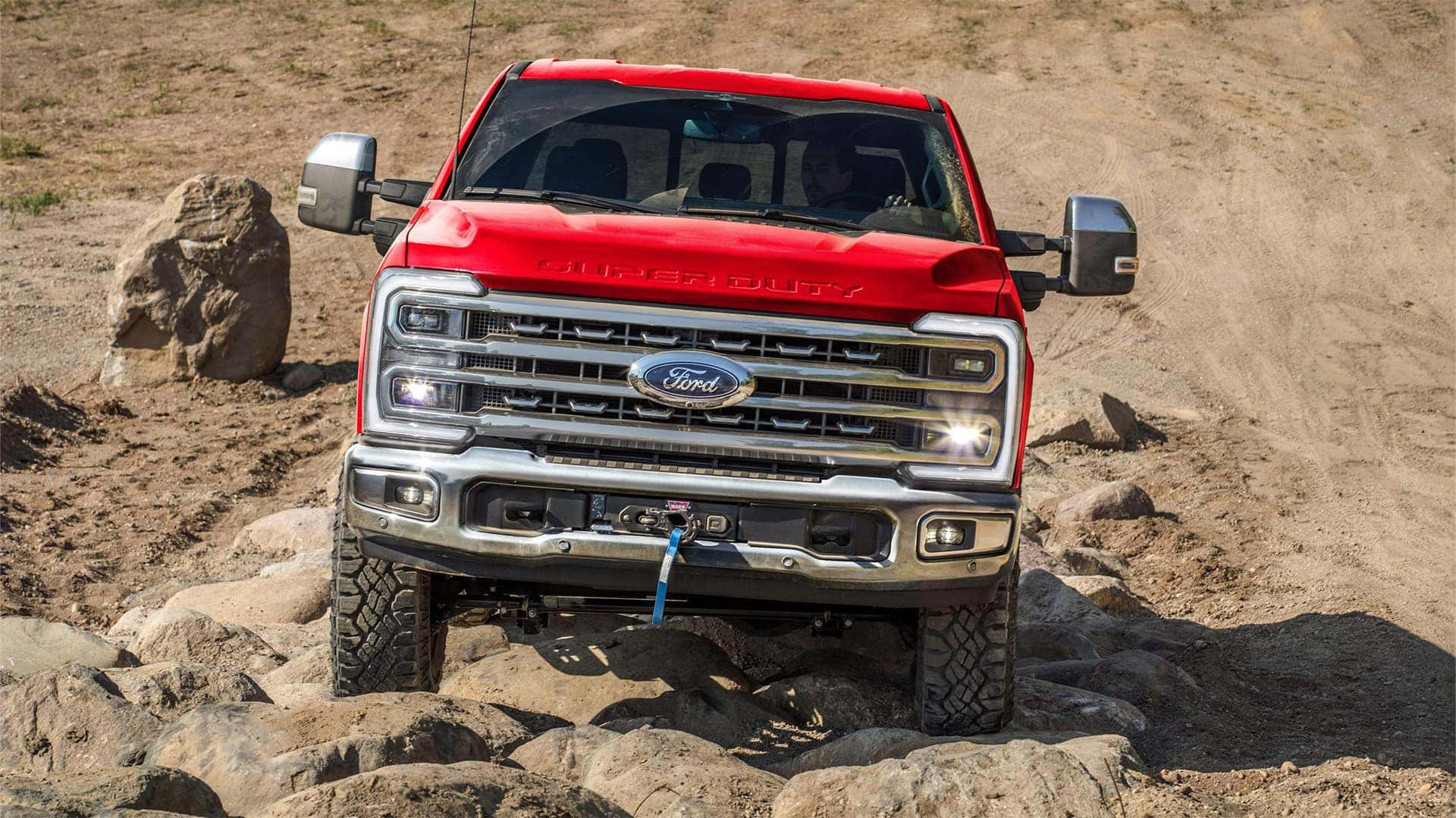 Front View of Red 2026 Ford Super Duty Offroading