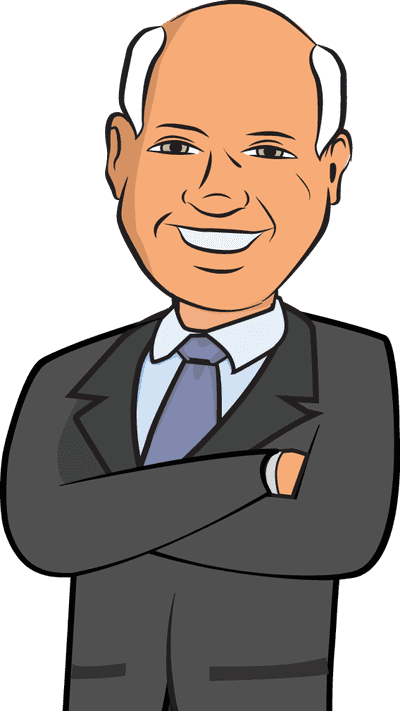Joe Sheridan cartoon mascot in a gray suit with arms crossed, smiling