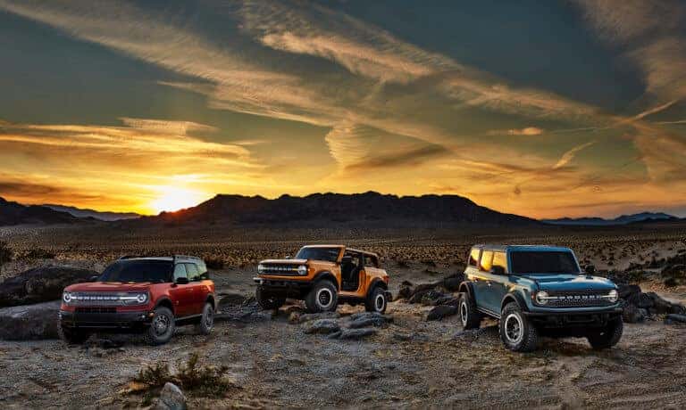 2024 Ford Bronco Exterior Three Parked In Desert At Sunset