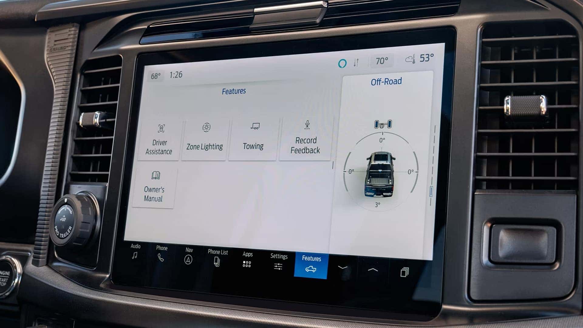 Close-up of the 2026 Ford F-150 center touchscreen displaying driver assistance and vehicle feature menus.