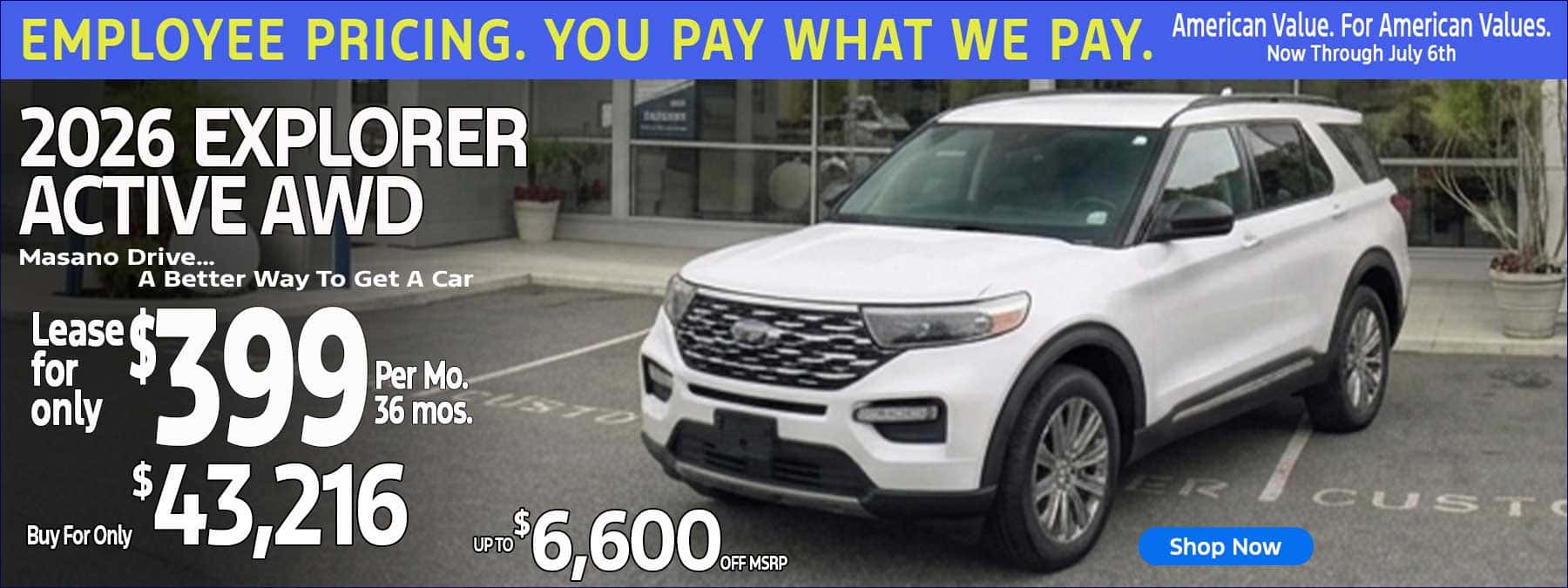 2026 Explorer Active AWD parked outside Tom Masano Ford in Shillington, PA