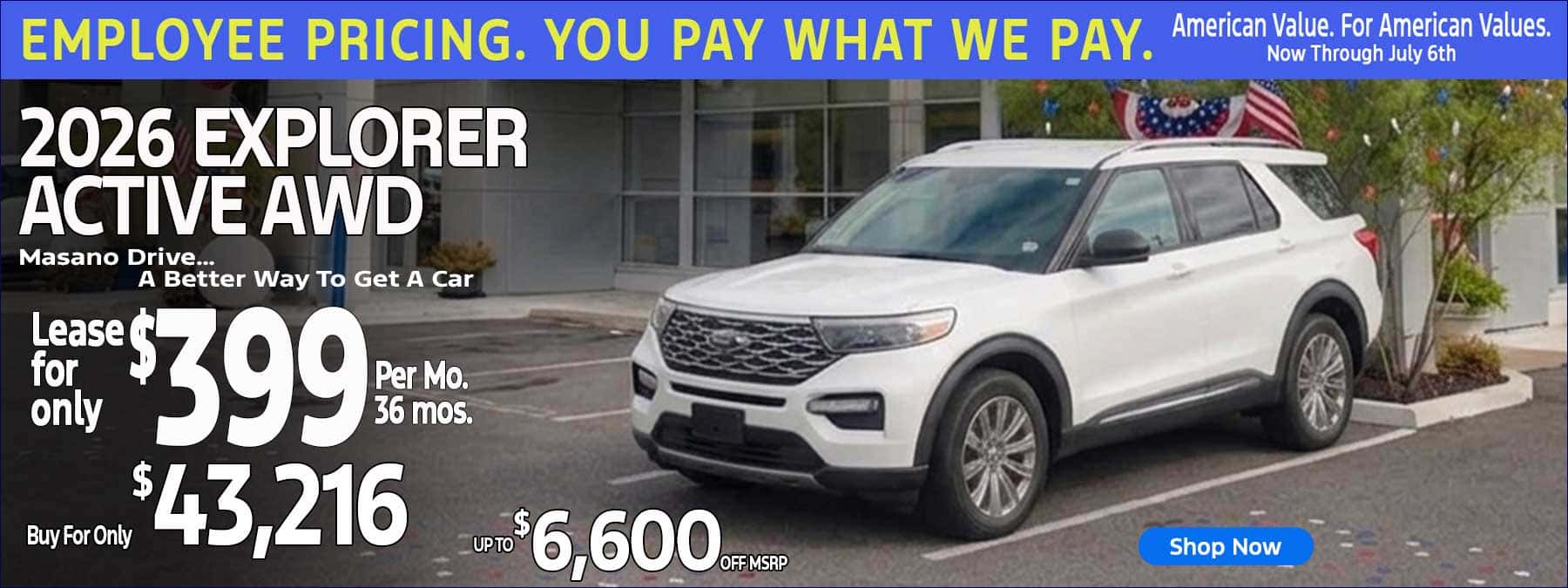White 2026 Ford Explorer Active AWD for sale lease offer in Reading, PA at Tom Masano Ford