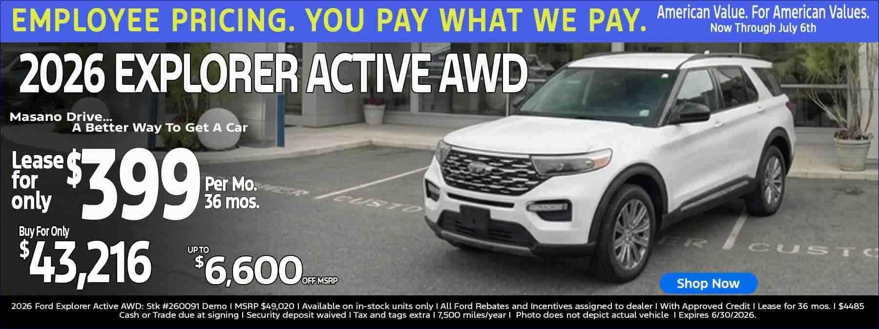 White 2026 Ford Explorer Active AWD for sale lease offer in Reading, PA at Tom Masano Ford
