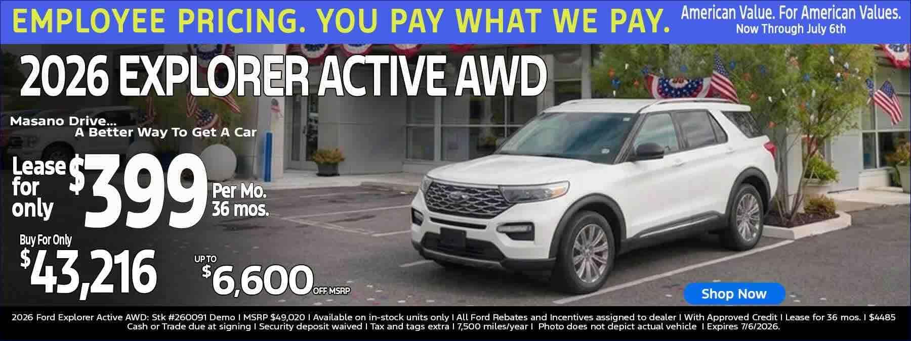 White 2026 Ford Explorer Active AWD for sale lease offer in Reading, PA at Tom Masano Ford
