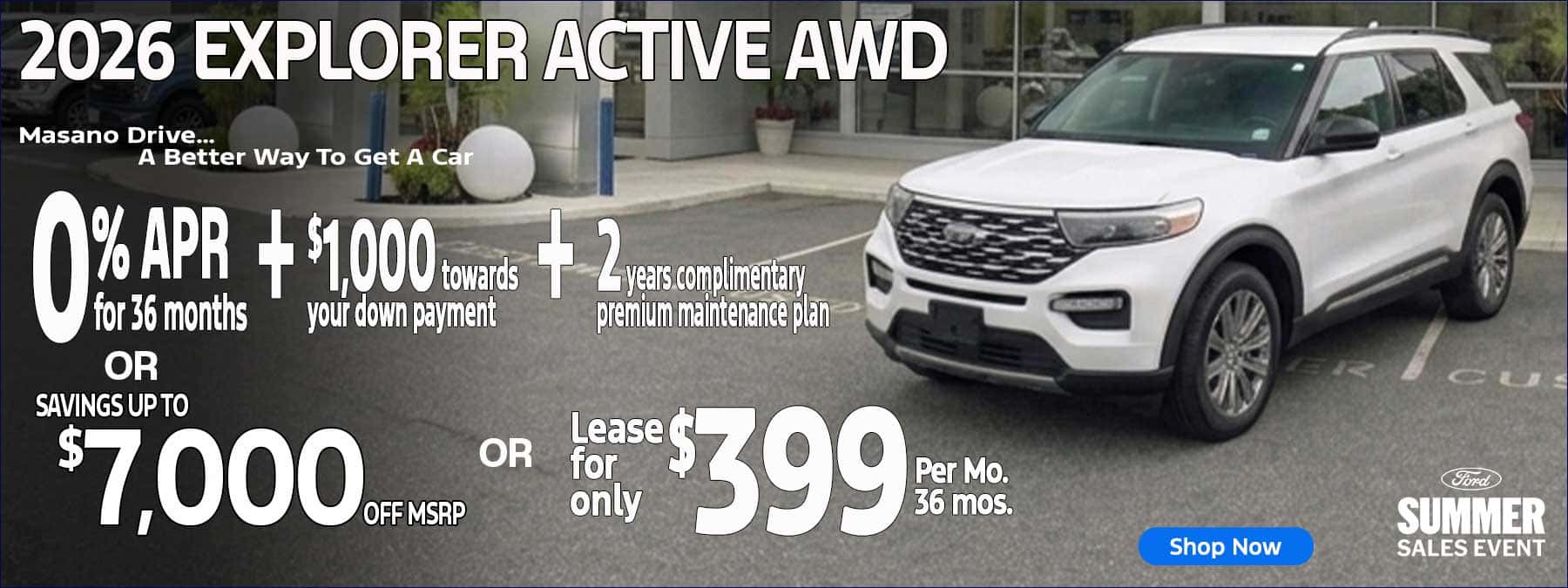 White 2026 Ford Explorer Active AWD for sale lease offer in Reading, PA at Tom Masano Ford