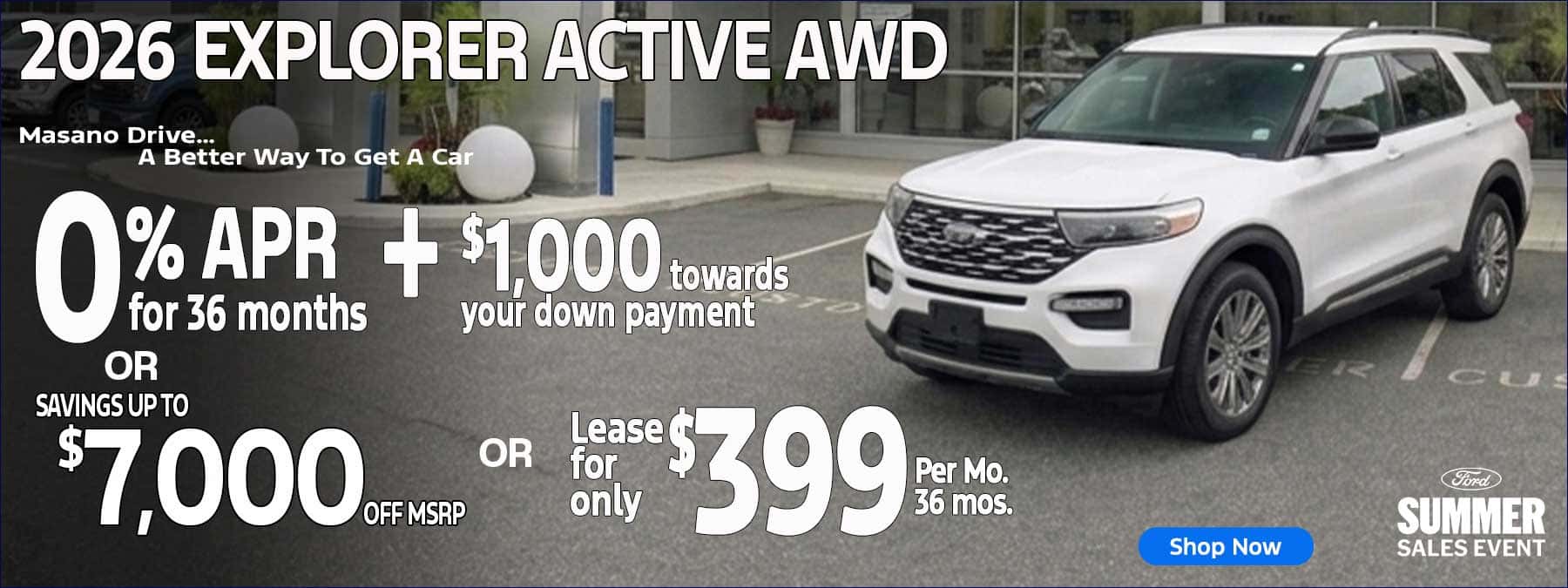 White 2026 Ford Explorer Active AWD for sale lease offer in Reading, PA at Tom Masano Ford