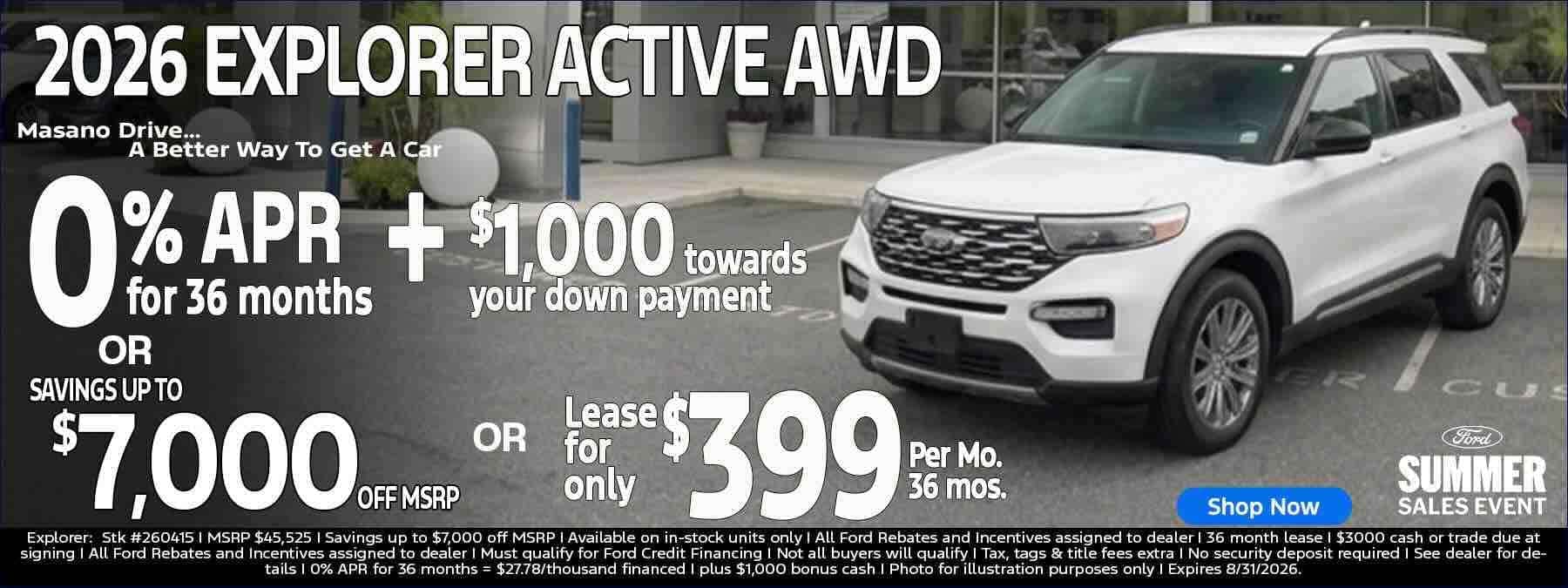 White 2026 Ford Explorer Active AWD for sale lease offer in Reading, PA at Tom Masano Ford 0% APR for 36 months ad