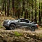 A popular Ford electric vehicle, a grey 2022 Ford F-150 Lightning Lariat, is shown from the side driving through the woods.