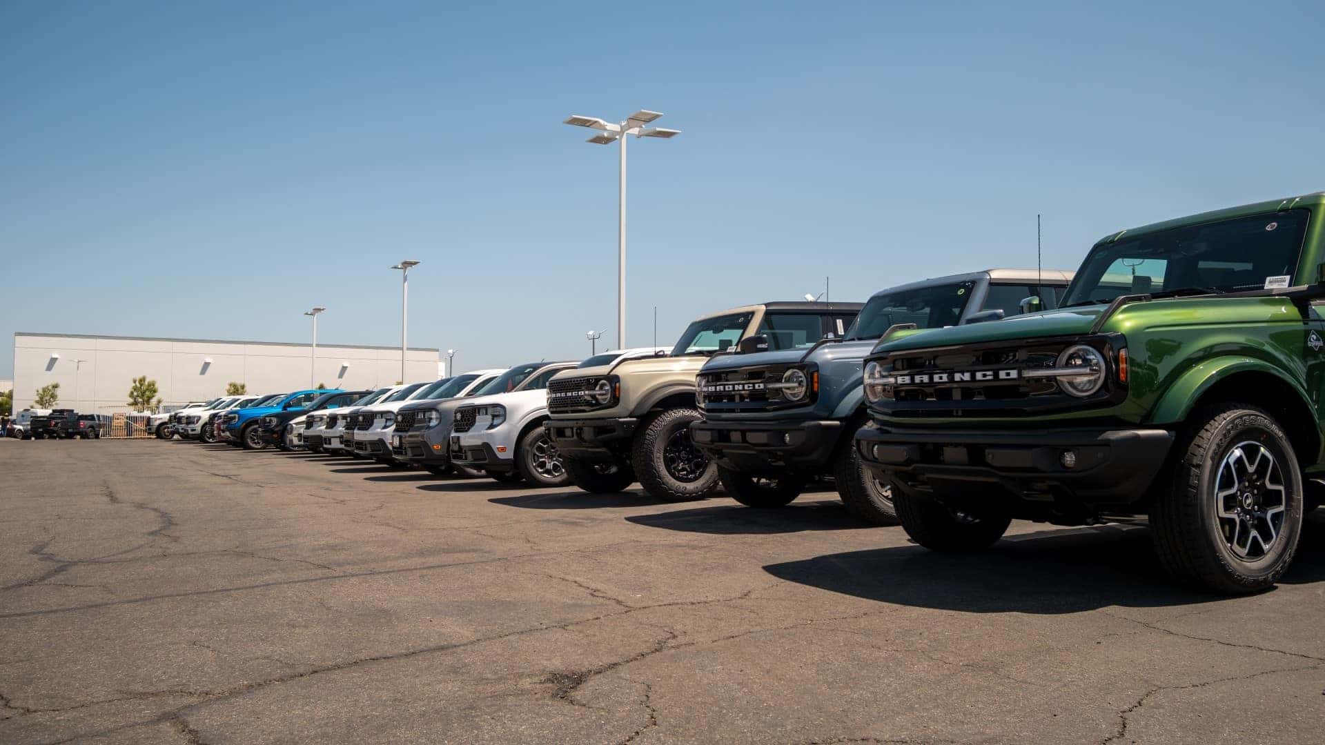 Ford trucks lined up at dealership lot in Orange County