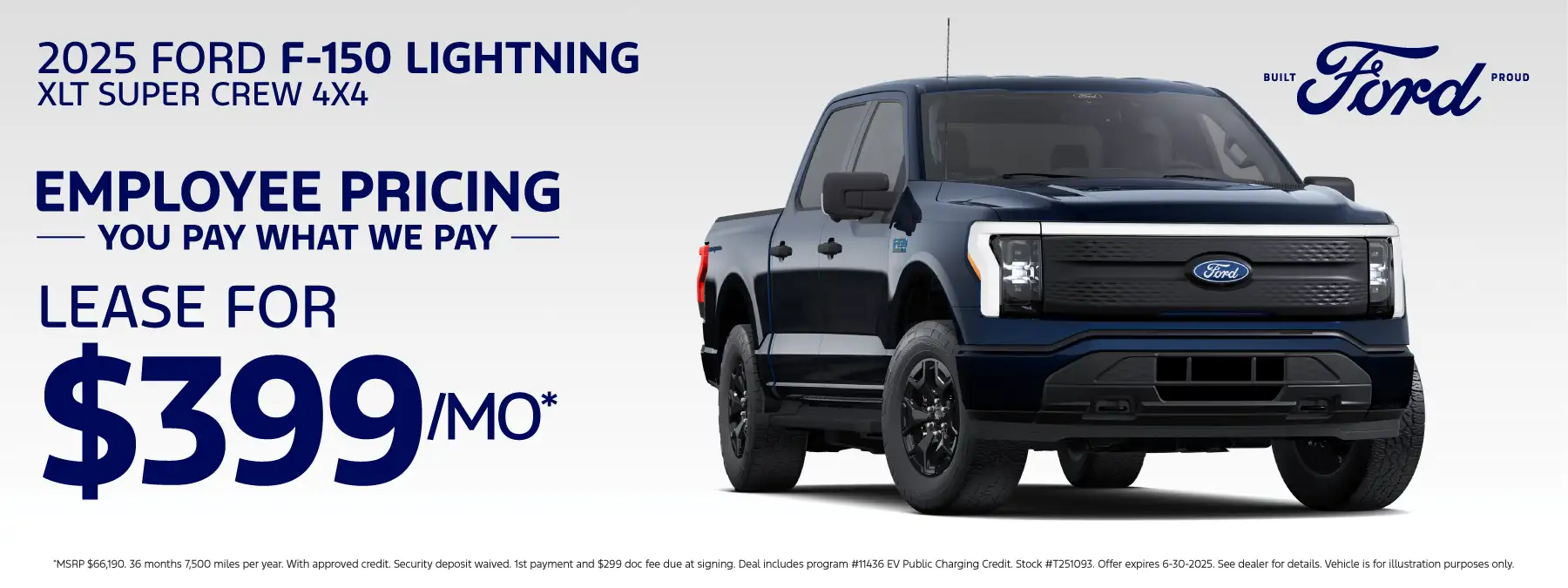 2025 Ford F150 Lightning (T251093) Lease for $399 a month for 36 months 7,500 miles per year