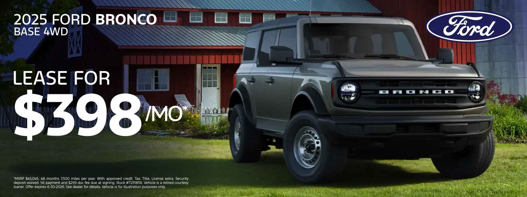 2025 FORD BRONCO BASE 4x4 (T251856) - Lease for $398 a month for 48 months 7,500 miles per year*