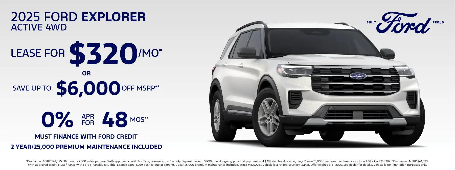 2025 Ford Explorer Active (R250287) - Lease for $320 per month for 36 months 7,500 miles per year* OR Save Up to $6,000 off MSRP plus 0% APR for 48 months**